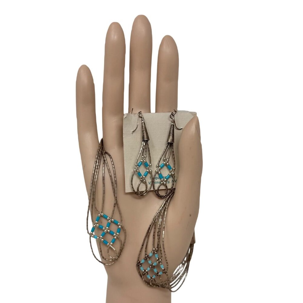 Native American Liquid Silver Turquoise Necklace 3 Pc Jewelry Set 925 Sterling
